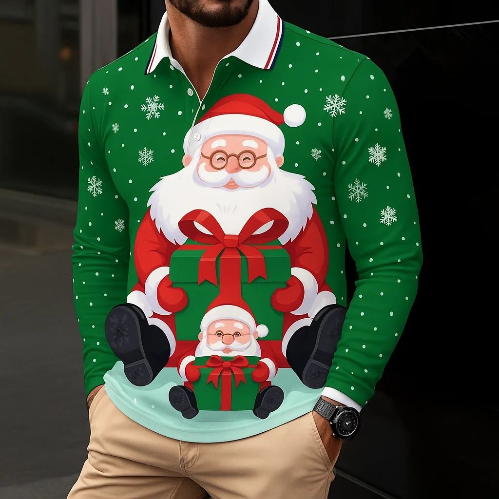 

Christmas Men's Santa Claus Polo Long Sleeve Shirts Lapel Casual Street Daily Wear Festival Outfit 3D Print Buttons Men clothing