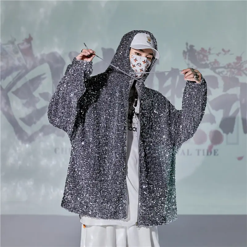

Trendy Men's Hooded Jacket Youth 2024 Spring and Autumn New All-Match Sequin Bling Bling Coat Fashion Loose Zipper Jacket Top