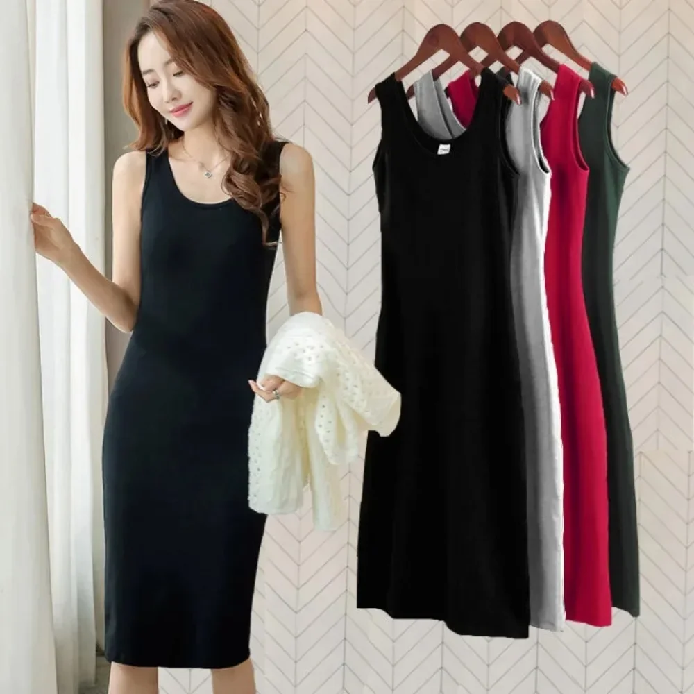 

Women Slip Bodycon Sundress Summer Lady Korean Elastic Stretch Solid Knee Length Party Dresses