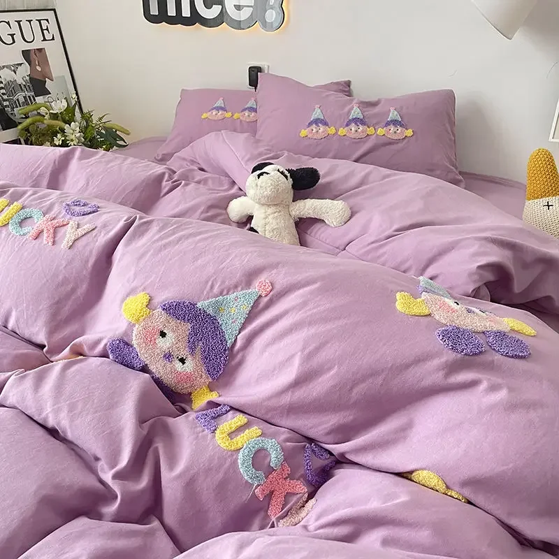 Purple Washing Bedding Set Cotton Towel Embroidered Small Doll Four PIECE Set Dormitory Cardboard Duvet Cover Quilt Duvet Set