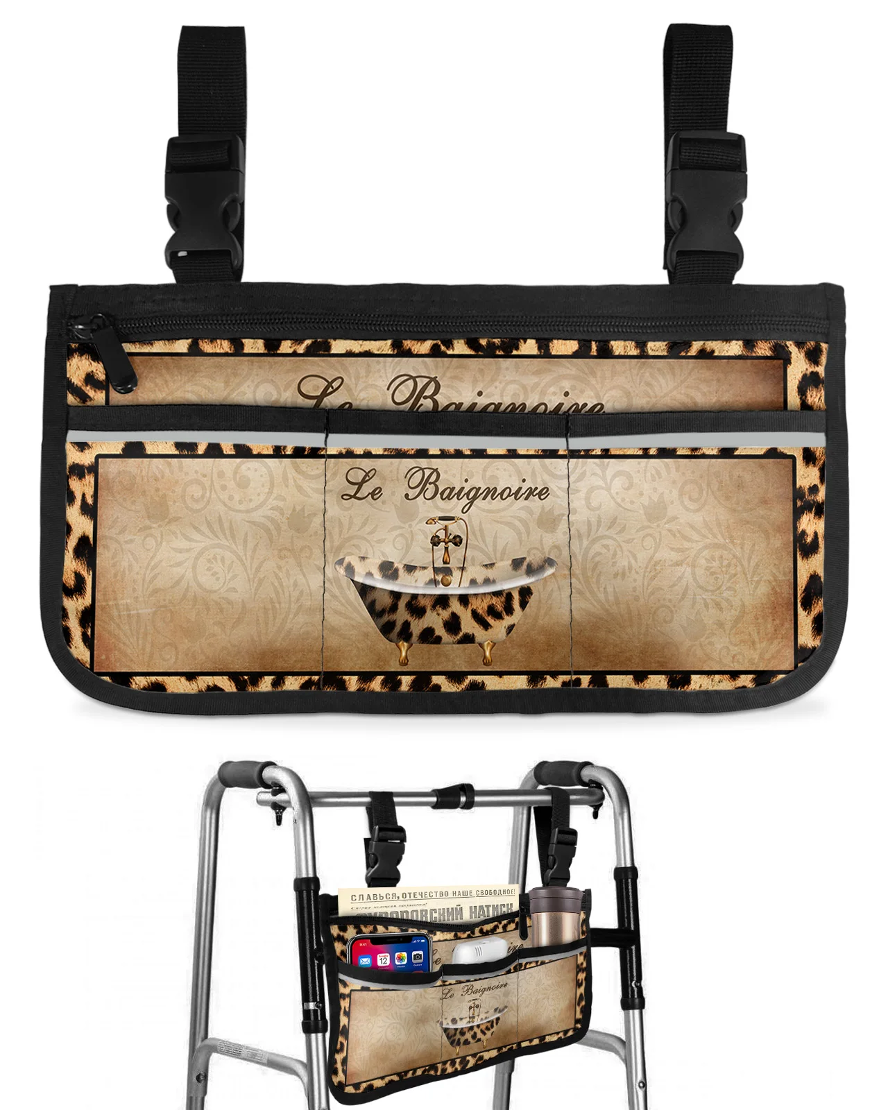 Leopard Print Skin Texture Bathtub Wheelchair Bag With Pockets Armrest Side Bags Electric Scooter Walking Frame Storage Pouch