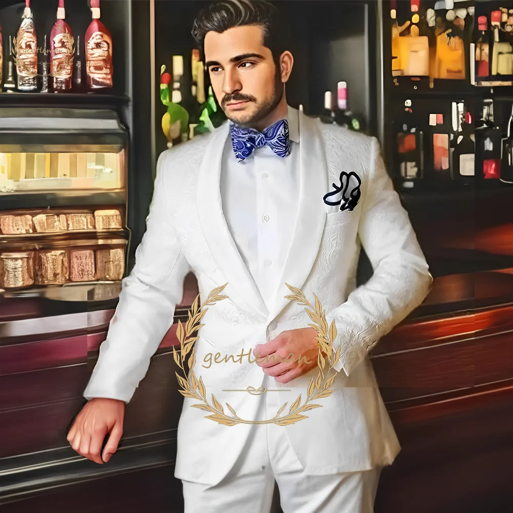 

Men's Single Button Jacquard Suit and White Trousers Set, Formal Tuxedo Suit, Slim Fit, Wedding Party, Cocktail, 2 Piece