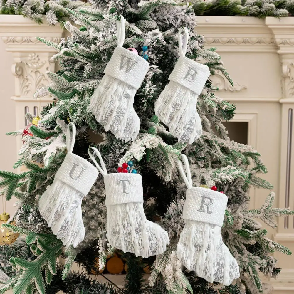 2024 White Christmas Socks Letter Embroidery Knitted Stocking Reusable Xmas Tree Hanging Gift Bag Stocking Pendant Home Decor