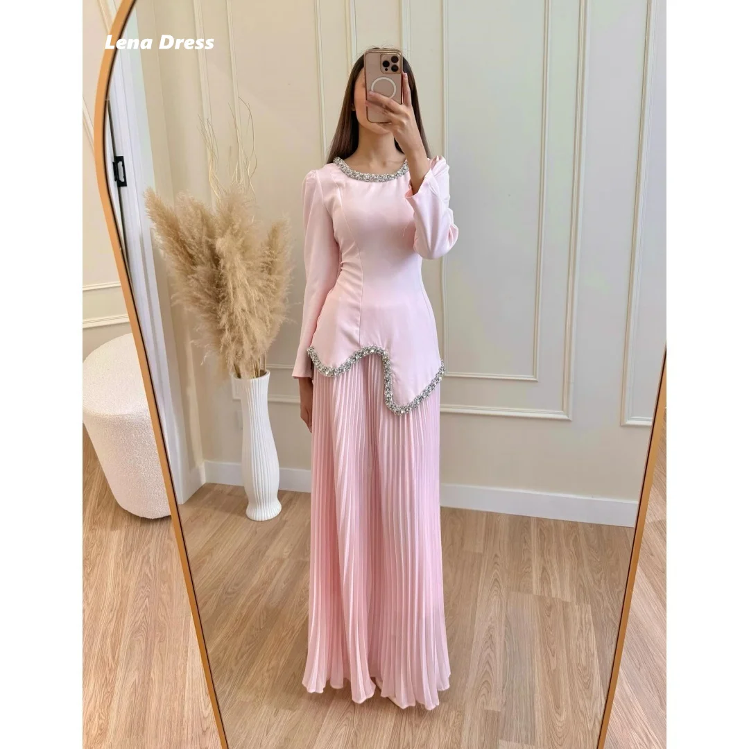 

Lena A-line Evening Dresses Woman Elegant Woman Party Dress Round Neck Customized Ball Gown Dress Long Sleeved Pink Robe Soiree
