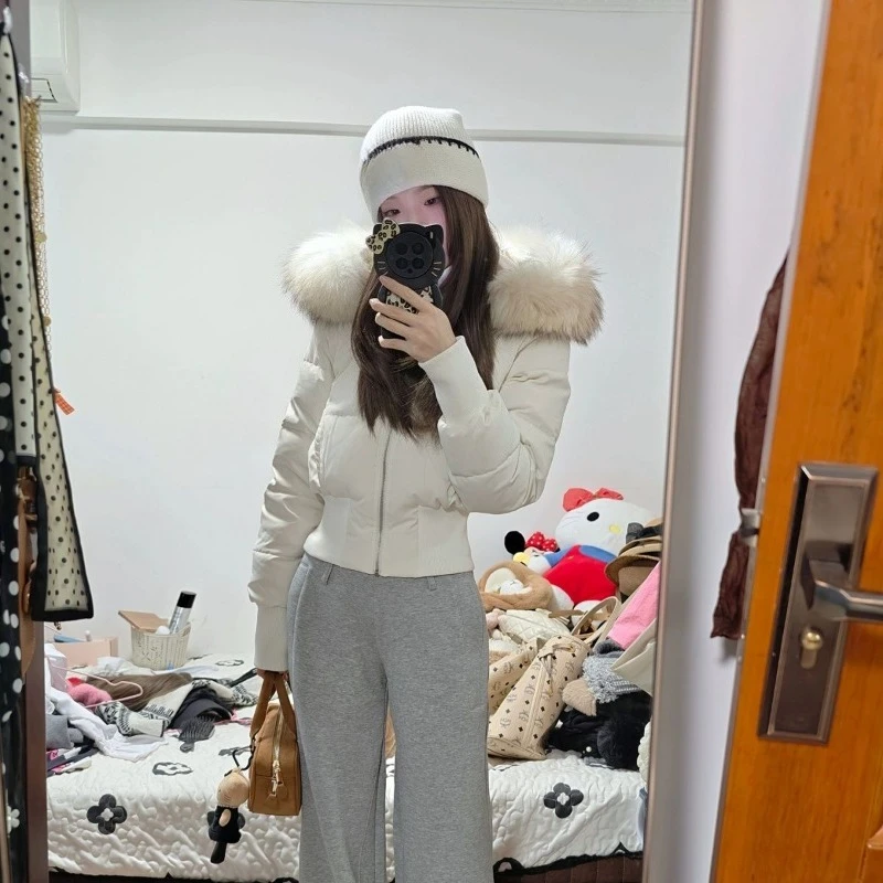 women winter new Korean style thickened and warm short waisted cotton Gentle wind pink fur collar hooded cotton coat for