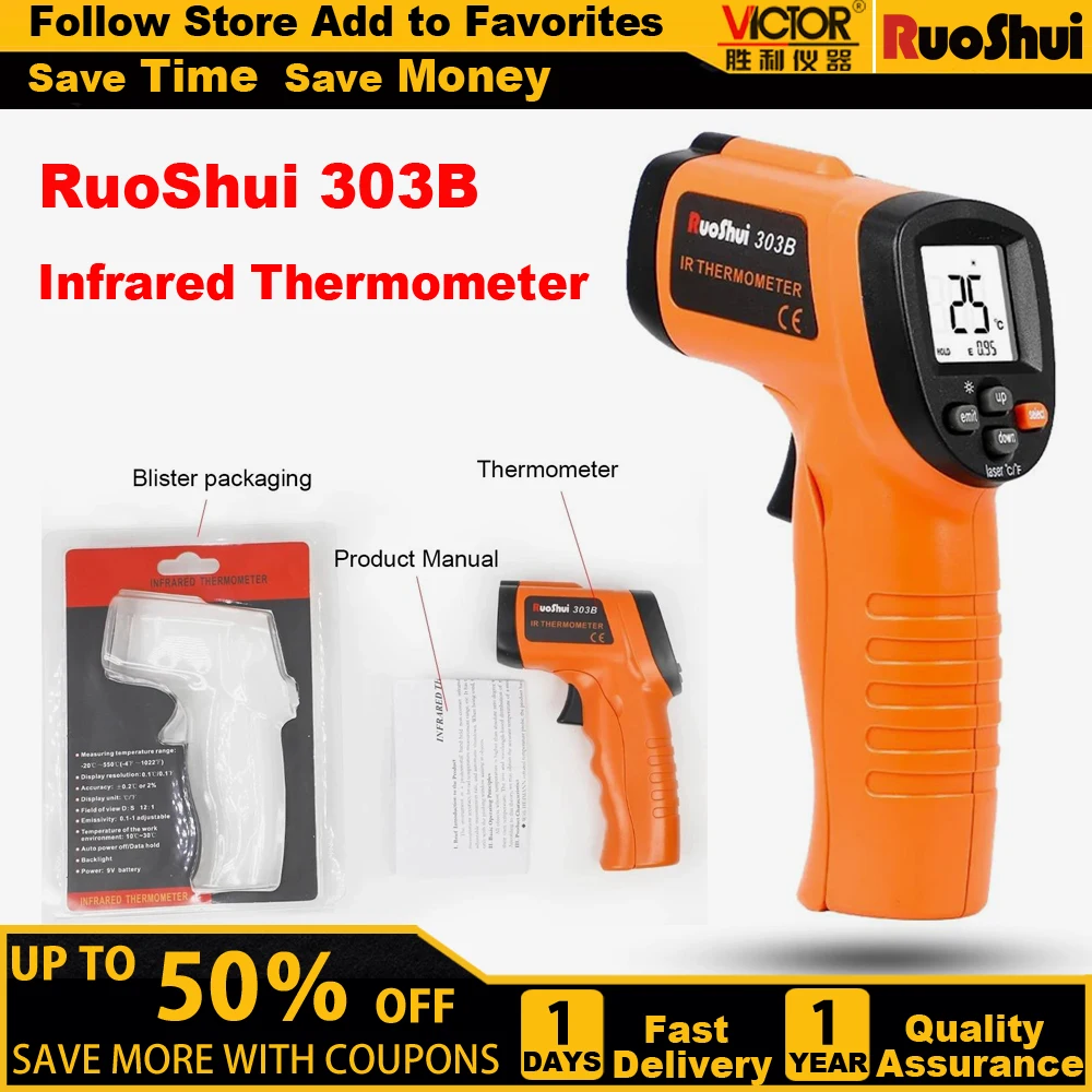 RuoShui 303B Digital Infrared Thermometer Portable Handheld Temperature Meter Non-Contact LCD Laser -20~550℃ Pyrometer IR Tester