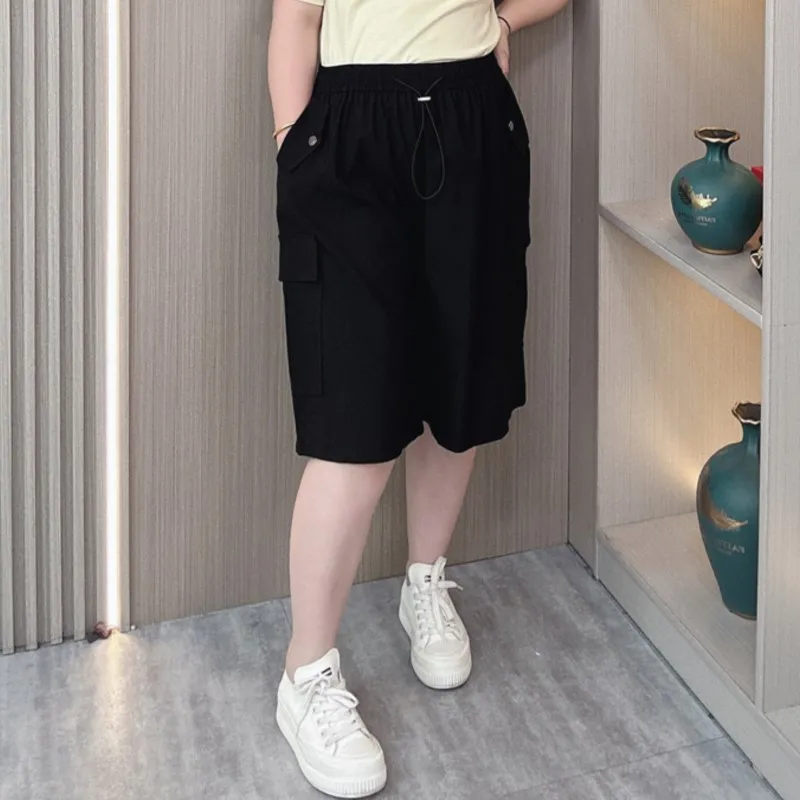 Summer Plus Size Cargo Shorts Female Elastic High Waist Loose Thin Casual Personality Wide Leg Knee Length Pants