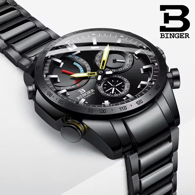 Original BINGER Brand Mens Watches Automatic Mechanical Full Steel Classic Luminous Waterproof Energy Sapphire Male Calendar