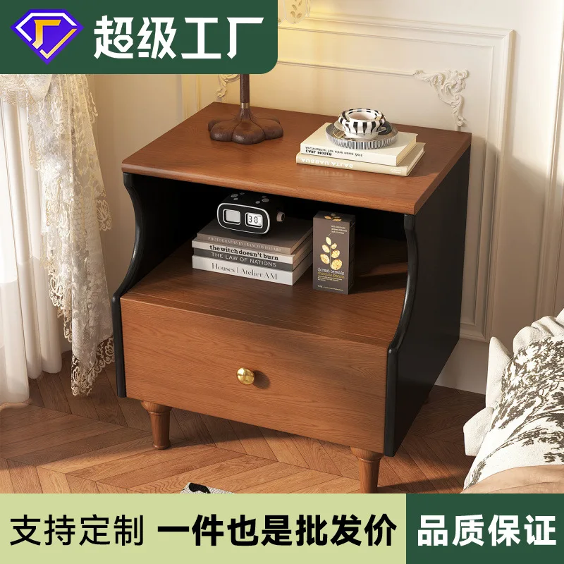 French retro bedside table household bedroom small bedside storage cabinet medieval double color solid wood bedside cabinet