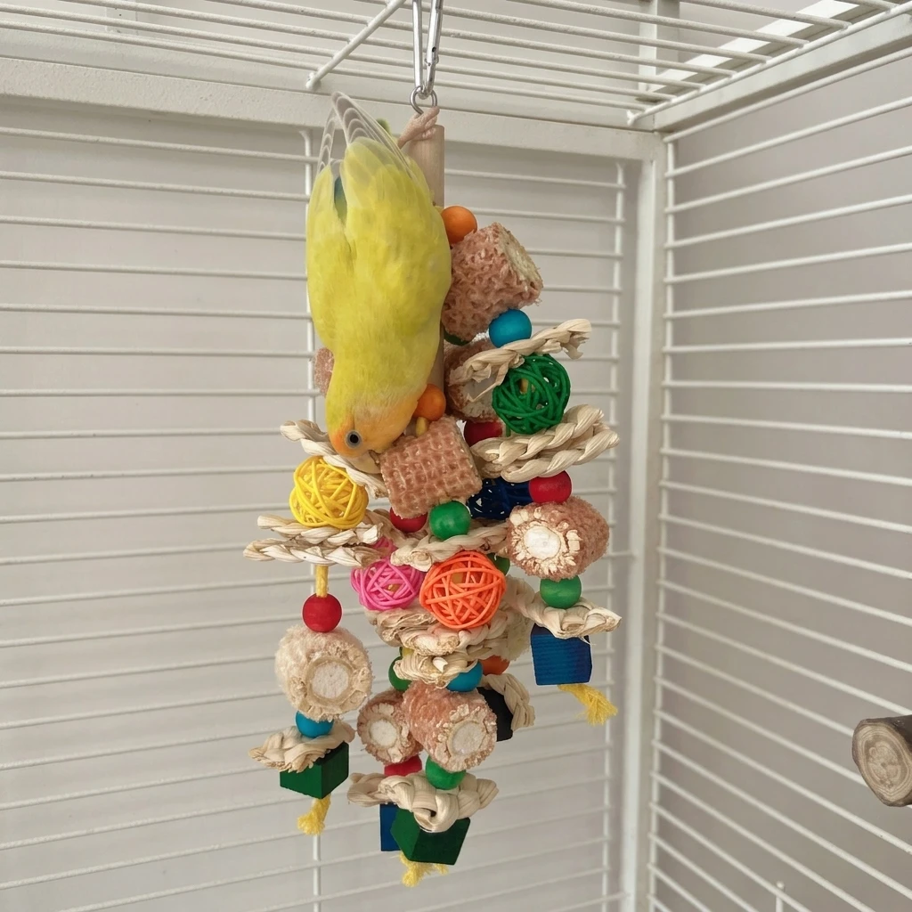 Papageienspielzeug Bunter Holzball aus Maisstroh für Vogelkäfig-Unterhaltung Schnabelschleifspielzeug aus Naturholz Langlebiges Stressabbau-Spielzeug – Detail 3
