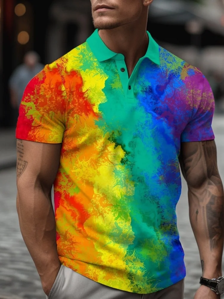 

Спортивная мужская рубашка-поло для гольфа, повседневная красочная туника с короткими рукавами и воротником с лацканами и принтом чернил, летние каникулы, 2026, топы с половиной пуговиц