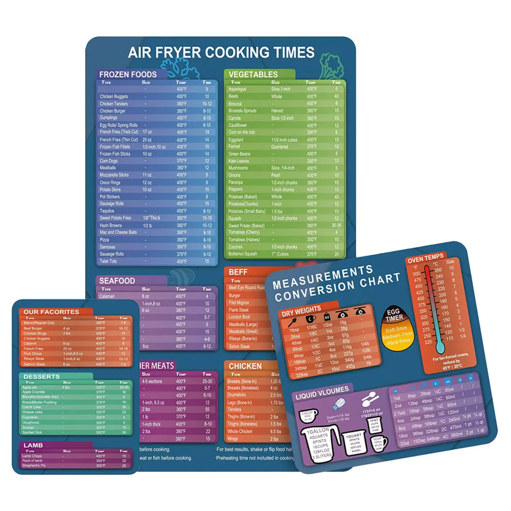 

3Pcs Air Fryer Cooking Time Magnetic Decals Practical Clear Sheet Stickers for Kitchen Refrigerator Magnet Chart