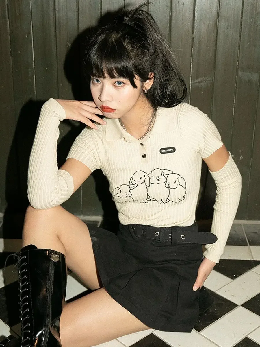 

Rabbit Print Short Sleeve T-shirts with Cuff Women Skinny Sweet Cute Summer Crop Tops Casual Y2k Clothes Harajuku Students Chic