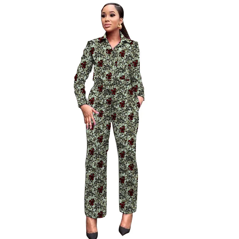 African Wax Print Women Outfits Turn Down Collar Shirts Patch Casual Pants Ankara Fashion Female Dashiki Wear