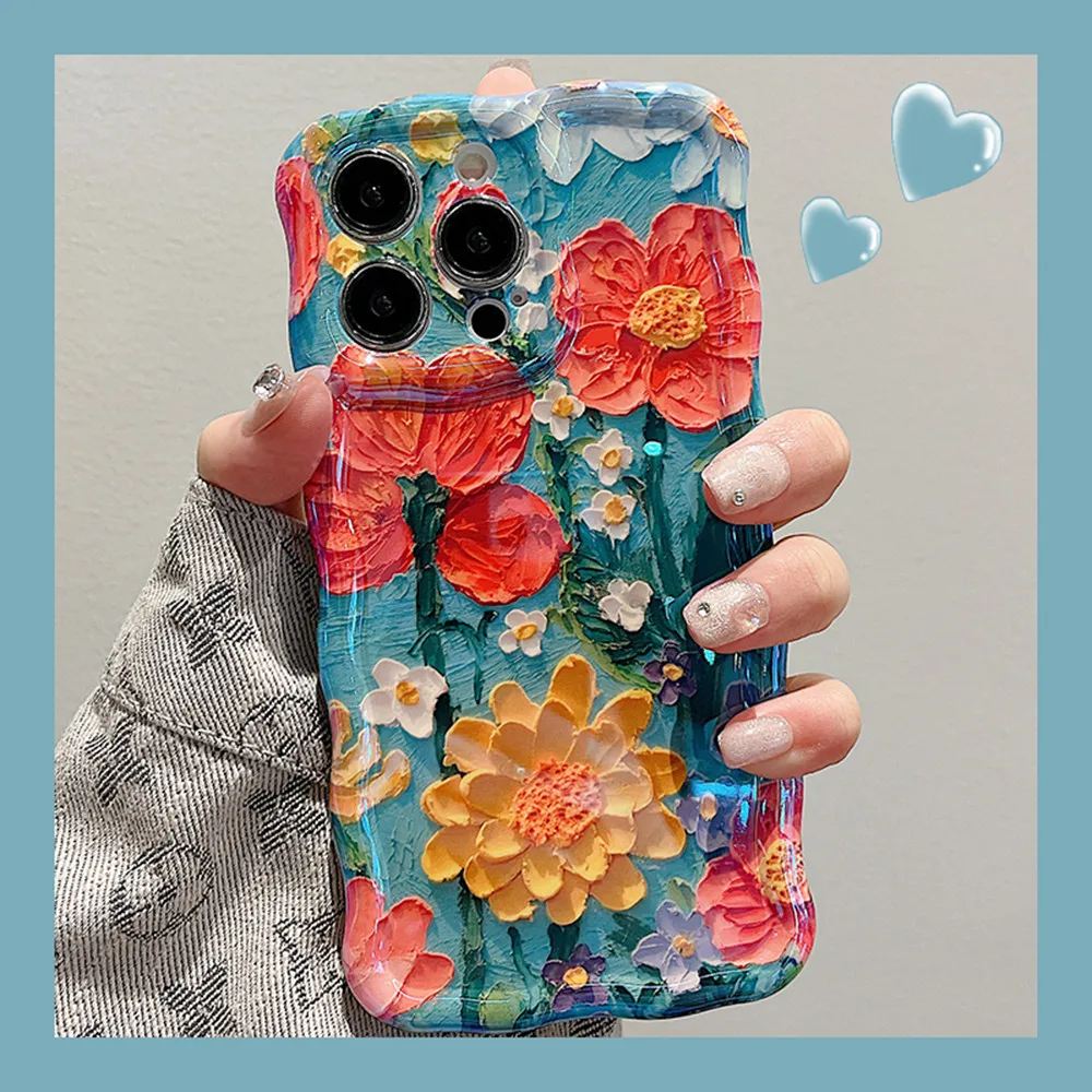 For iphone 15 pro max Oil Painting Flowers Phone Case For iPhone 11 12 13 14 Pro Max Soft IMD Shockproof Bumper Wavy Frame Cover