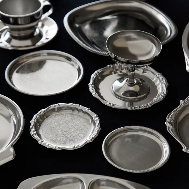 Stainless steel silver retro European style, dessert plate, coffee cup oval tray