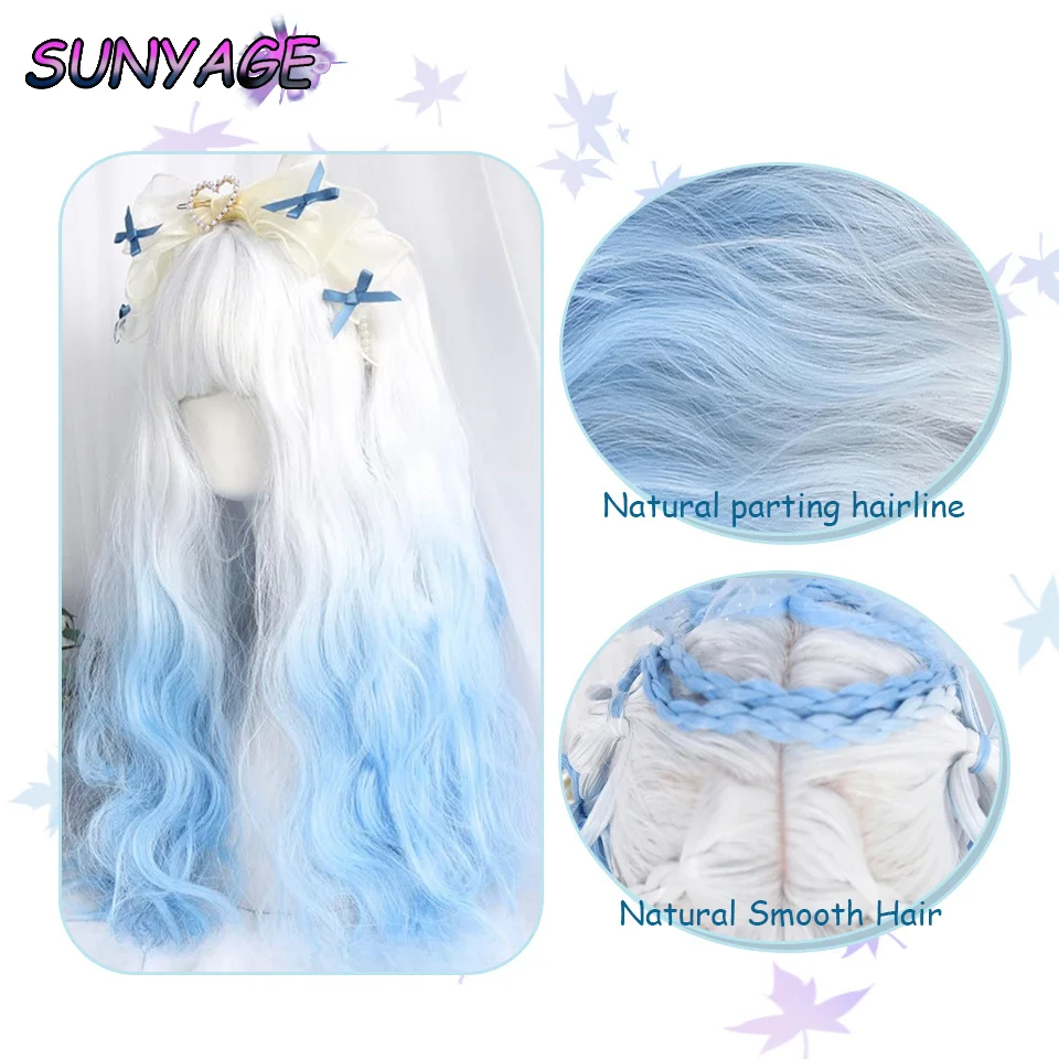 Sunyage synthetische Perücke langes lockiges Haar Lolita Märchen Wind weiß und blau Farbverlauf Wolle Rolle niedlich langes lockiges Haar Perücke