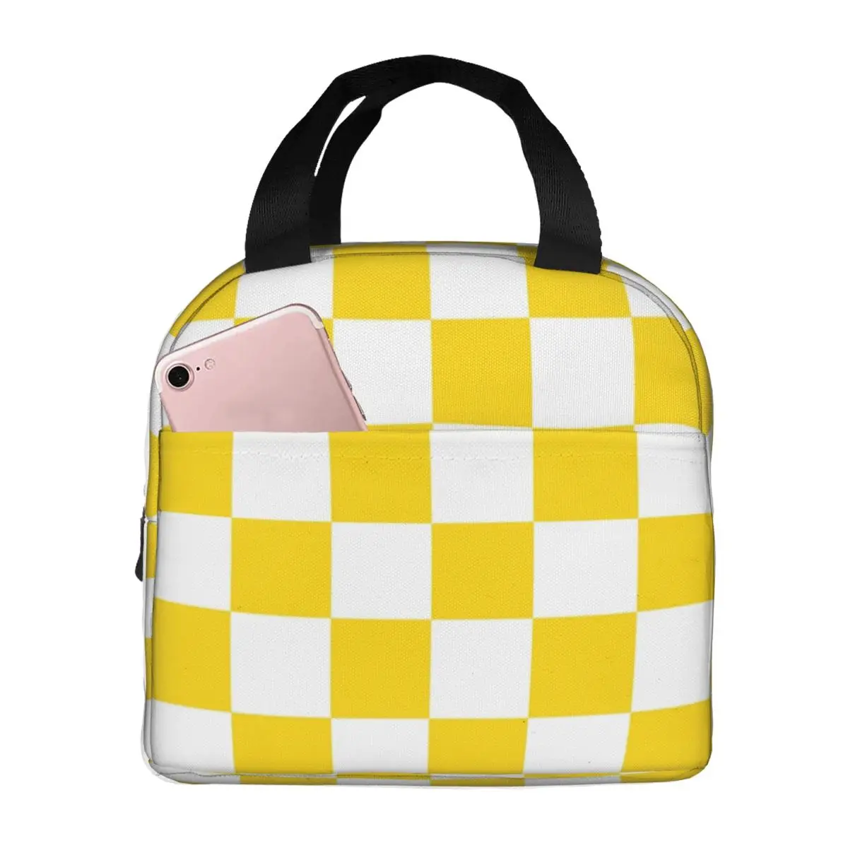 White And Gold Yellow Checkerboard Plaid Thermal Insulated Lunch Bag Women Portable Lunch Tote for Work School Storage Food Box