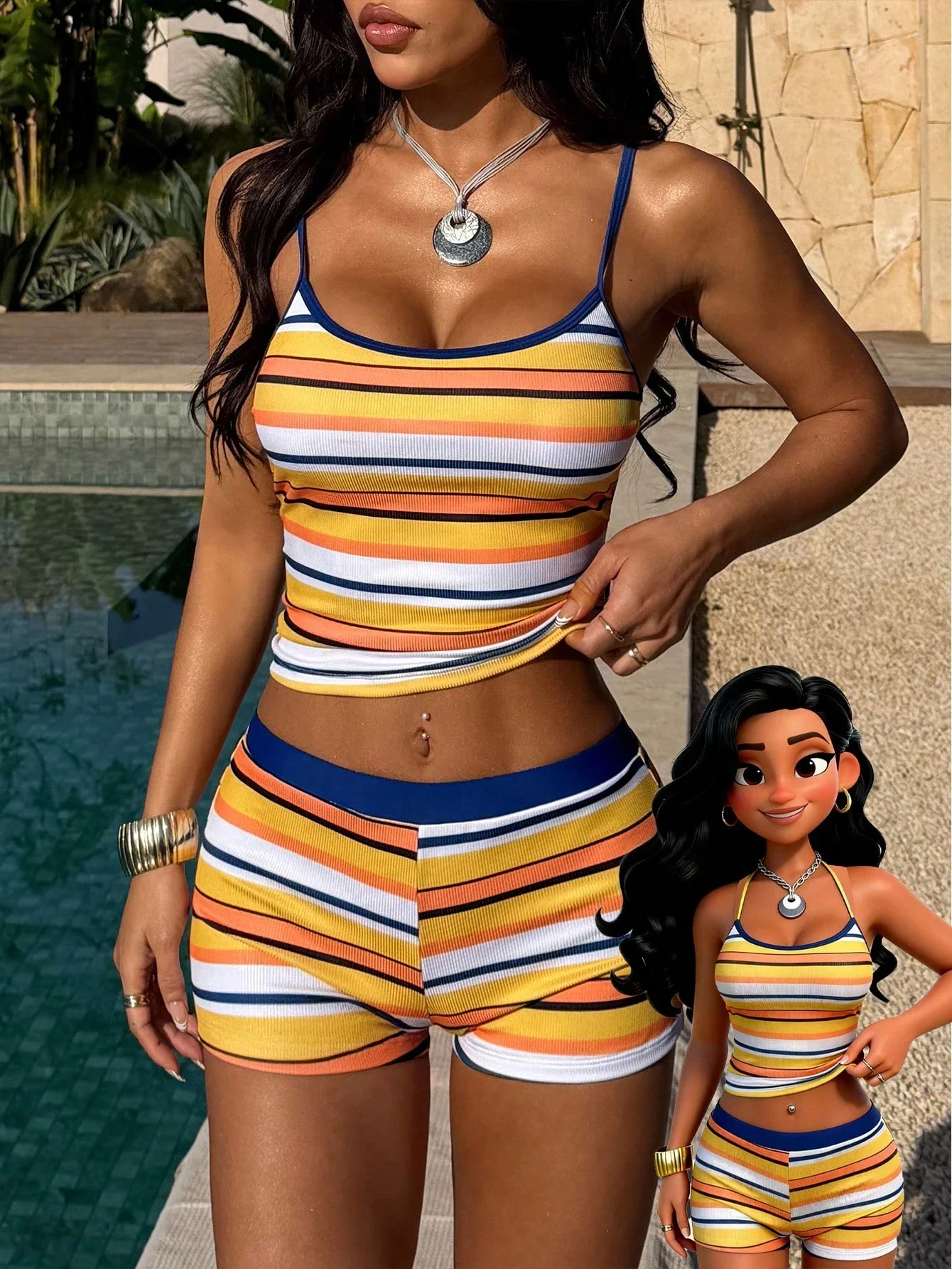 

Women's Striped Camisole And Shorts Set Casual Beachwear