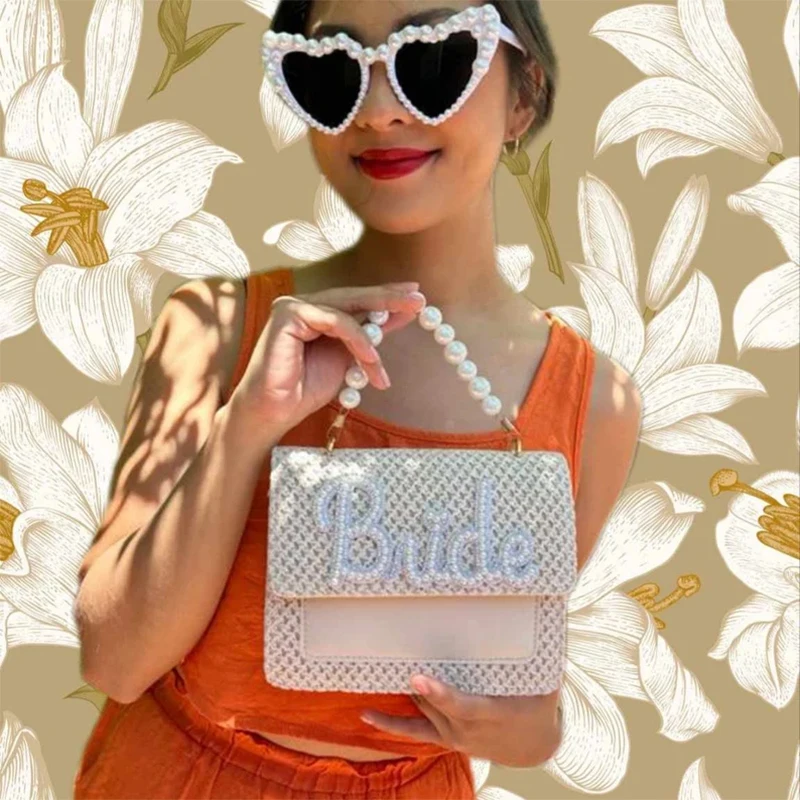 Elegant Bride Pearl Bag boho beach destination wedding engagement Bachelorette hen Party Bridal Shower Honeymoon Future Mrs Gift