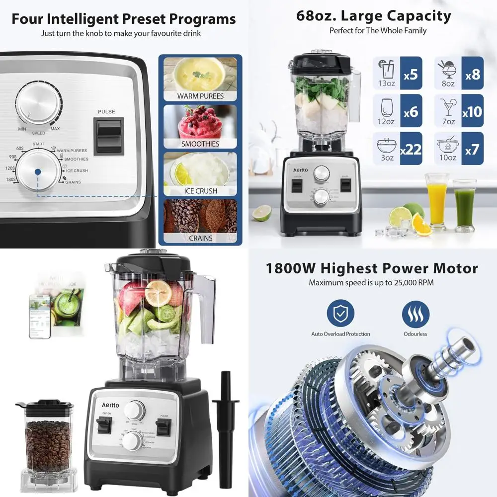 Professional 68 Oz Blender with 1800W Motor, 2-in-1 Smoothie & Grinder, BPA-Free, Silver