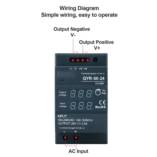 Imagen 2 del producto Fuente de alimentación conmutada de carril Din de 60W 100W 150W con pantalla Digital LED CA 100-240V a CC 12V 24V QYR-60 QYR-100 QYR-150