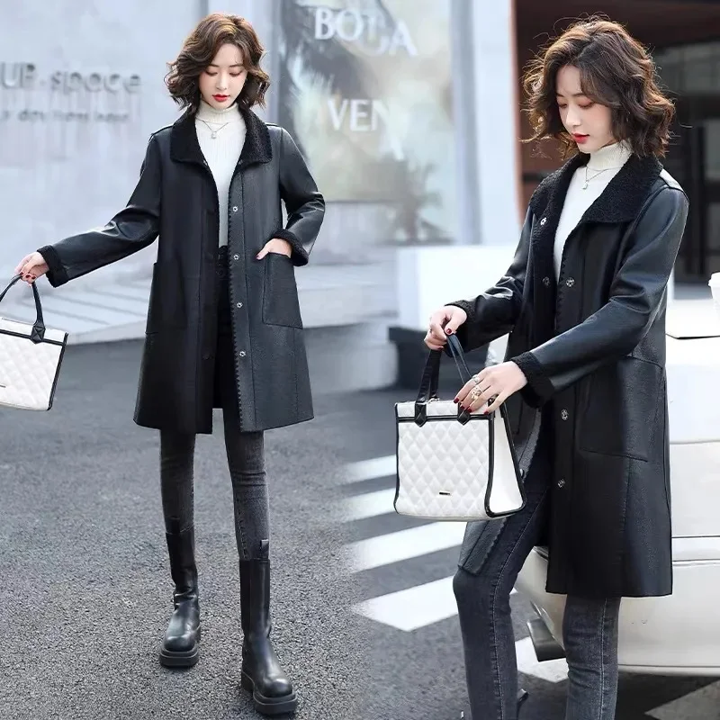 2026New Leather Coat Women's Long Mother's Autumn Winter Korean Jacket Loose Large Size Fur One Windbreaker Female Trend Tops