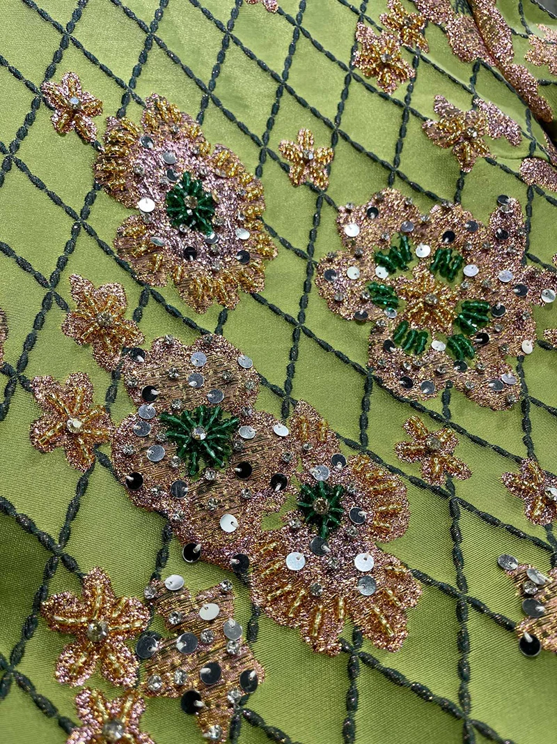 MIUXIMAO 2025 mode Royal luxe Jacquard robes d'été 3D fleurs diamants robe a-ligne courte robe verte femmes Vestides