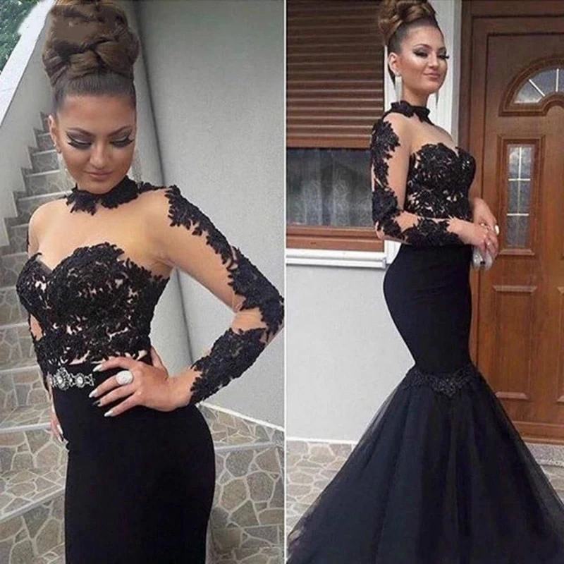 

Black Mermaid Evening Dresses High Neck Lace Appliques Long Sleeve Tulle Vintage Formal Party Prom Gowns Floor Length 2023