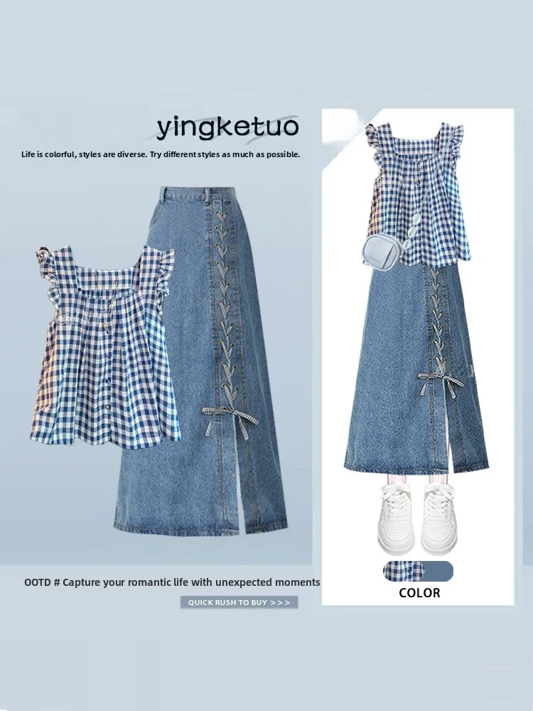 

Summer Style Age-Defying College-Prep Blue Plaid Shirt with Fly-Sleeves And Square Collar Matching High-Waisted Denim Skirt S...