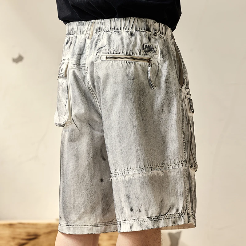 2024New Retro Dirty Distressed Workwear Shorts Men's Summer Loose Straight Waste Soil Style Casual Fifth Pants