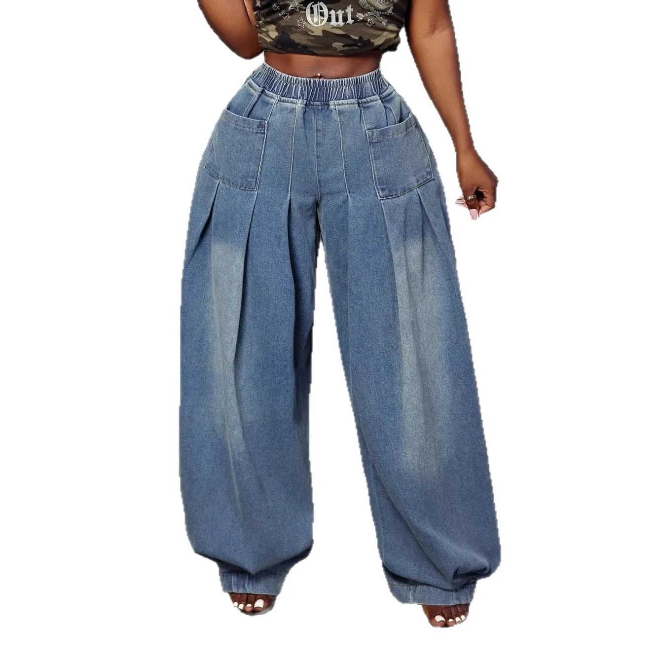 

High Waist Wide Leg Jeans Loose Elastic Lantern Washed Blue Denim Pants Vintage Pleated Loose Fit Casual Comfortable Jeans