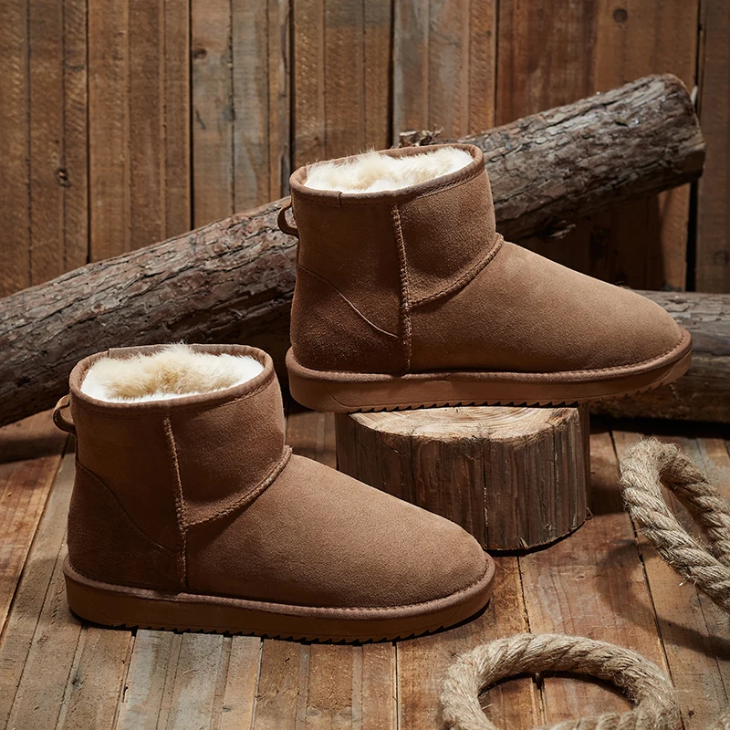 KZZO Size 37-48 Australia Classic Real Sheepskin Suede Leather Men Sheep Wool Fur Lined Winter Short Ankle Snow Boots Grey Shoes
