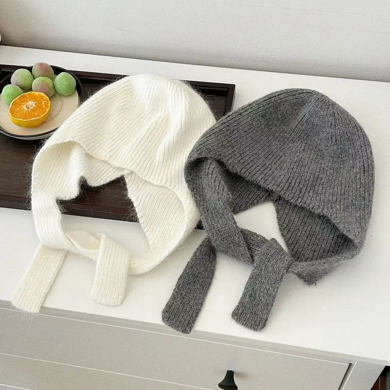 

Korea Ins Girl Angola Rabbit Plush Solid Color Winter Bomber Cap Women Soft Warm Ear Straps Flying Knitted Wool Beanie Cap
