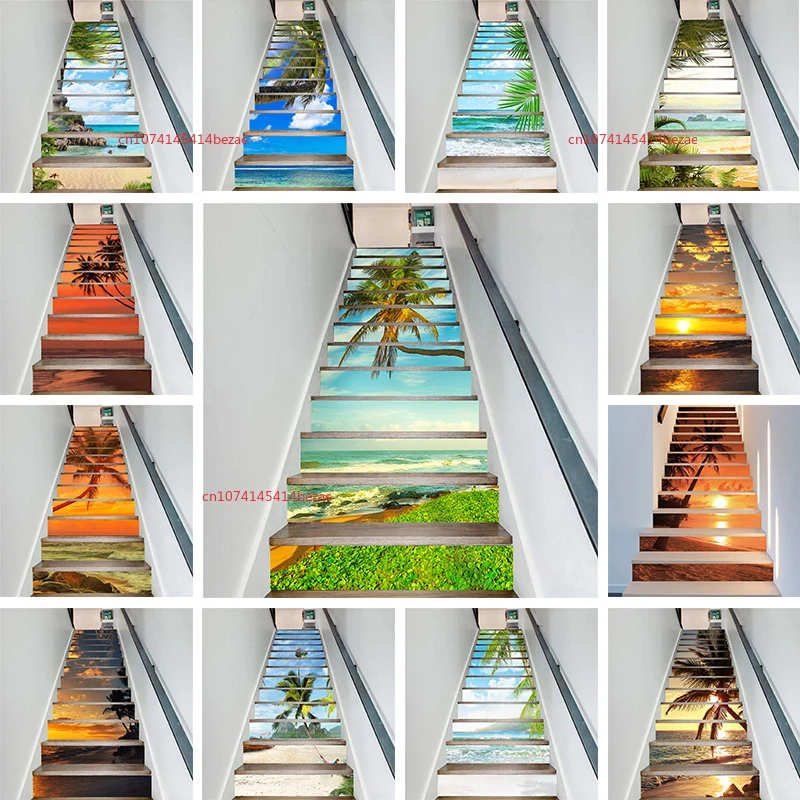 

6pcs/13pcs Seaside Scenery Stairs Stickers Home Decoration 3D Wallpaper Removable Waterproof Self-adhesive Mural