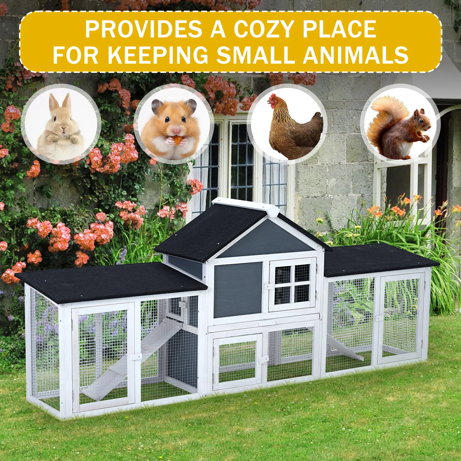 Rabbit Hutch, Outdoor Chicken Coop, Bunny Hutch Guinea Pig Pet House Bunny Cage with Double Side Runs, Weatherproof Roof