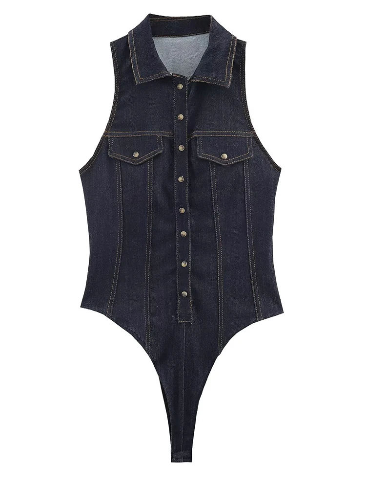 

Women Sexy Short Bodysuit 2025 Summer Autumn Women New Fashion Sleeveless Button Denim Jumpsuit Women Leisure Bodysuit