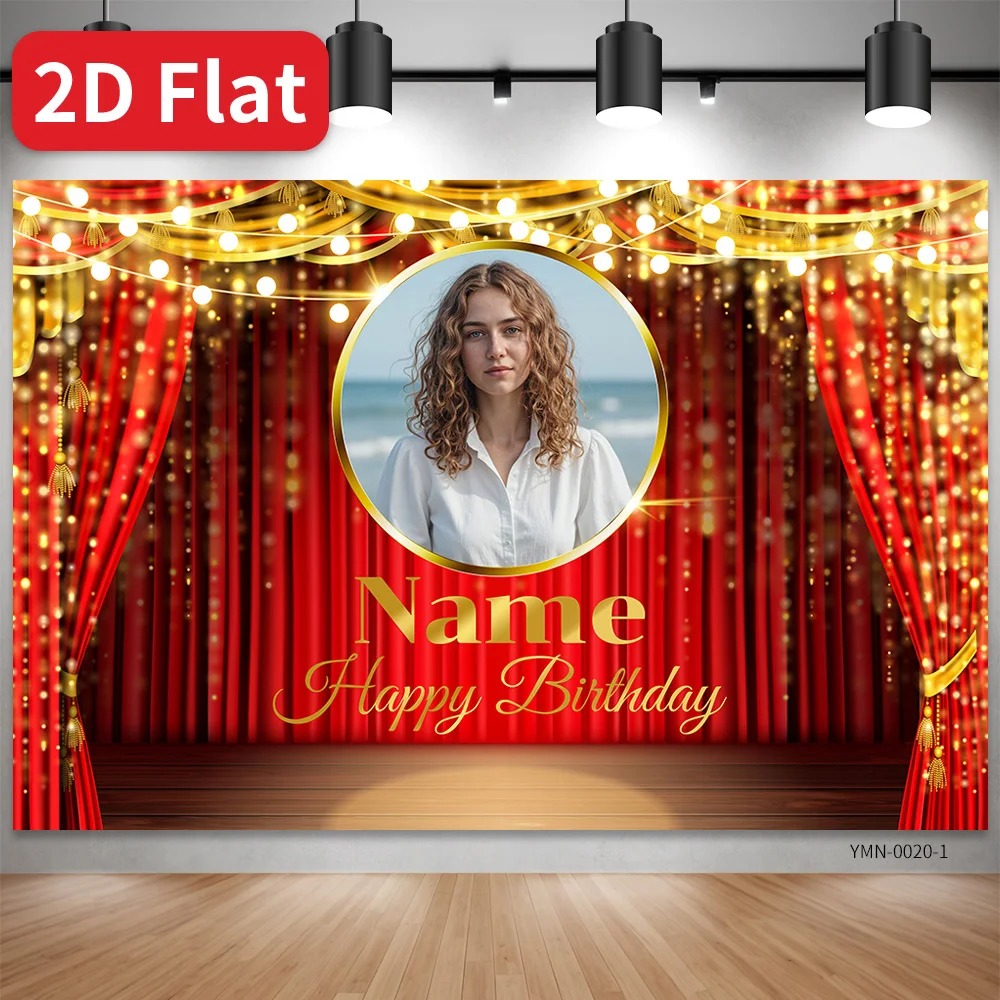 Custom Personalized Photo Text Backdrop Red Curtain Golden String Light Stage Quinceanera Birthday Party Photo Booth Decor