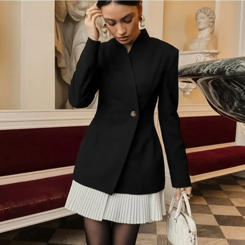 American Retro Gentle Autumn and Winter Design Sense Contrasting Color Splicing Skirt Black Waist Long Sleeve Small Blazer Women