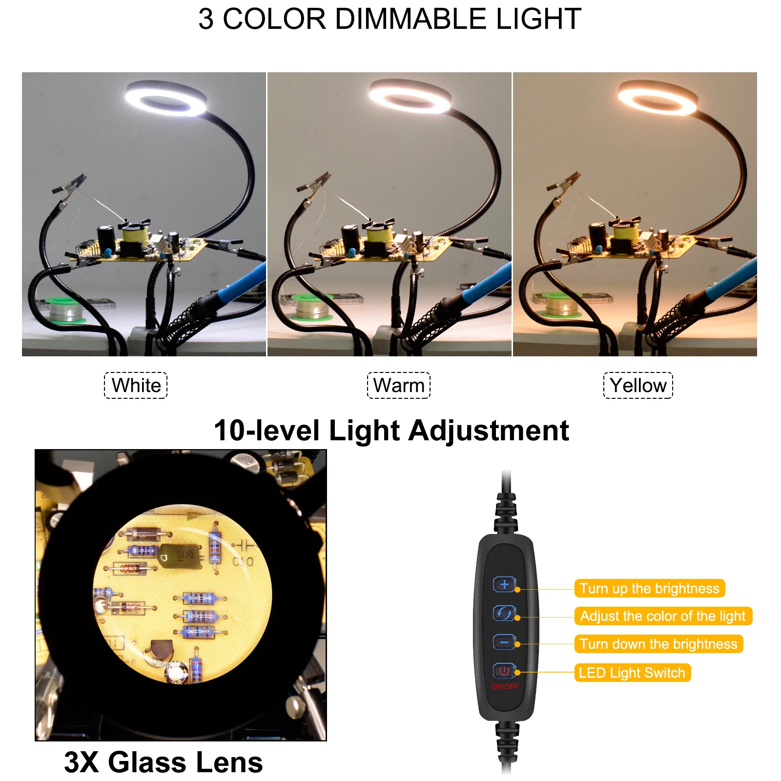 Soldering Helping Hands with 3X Illuminaed Magnifying Glass 5 Metal Flexible Arm Solder Third Hand Tool for Electronic Repair
