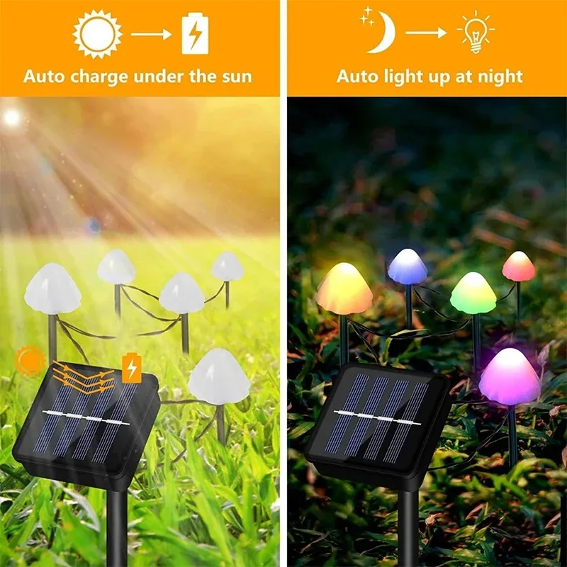 LED Solar Lights String on The Ground Mushroom Outdoor Decoration Various Modes of Garden and Courtyard Waterproof Color Lights