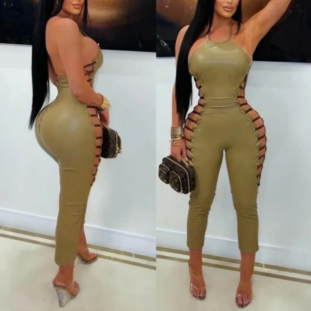 

Grommet Lace Up Hollow Out Halter Backless PU Leather Skinny Jumpsuits Women Sexy Strapless Peach Hip Slim Night Club Overalls