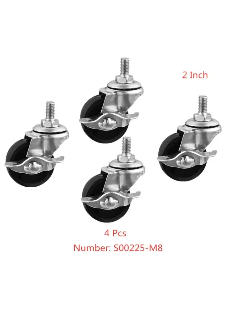 4 Pcs/Lot Casters 2 Inch Black Pp Screw Brake Wheel 8mm Side Diameter 50mm Furniture Universal