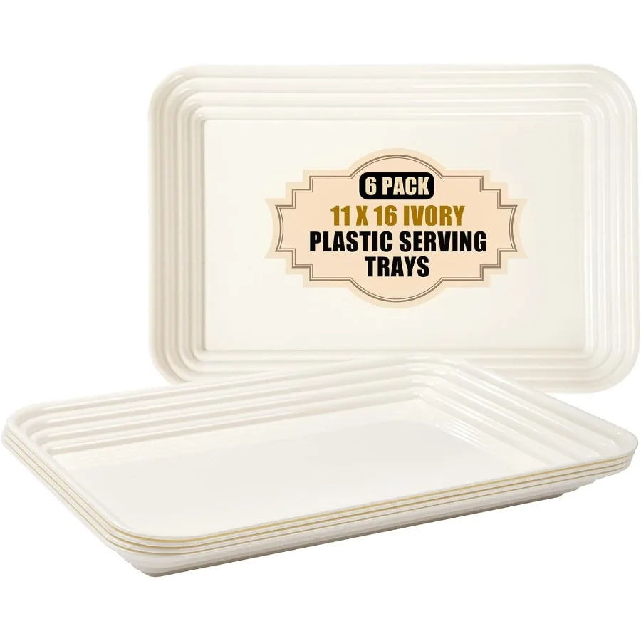 

6 упаковок сервировочных подносов цвета слоновой кости для развлечений: 16 x 11 многоразовых пластиковых тарелок, идеально подходящих для закусок, фруктового печенья и десертов.