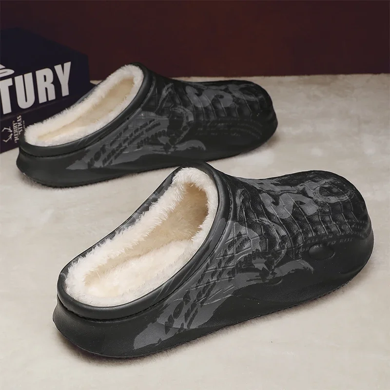 Winter Warm Slippers Waterproof EVA Crocodile Pattern Platform Clogs Backless Fleece Lined Mule Shoes Size 38-45
