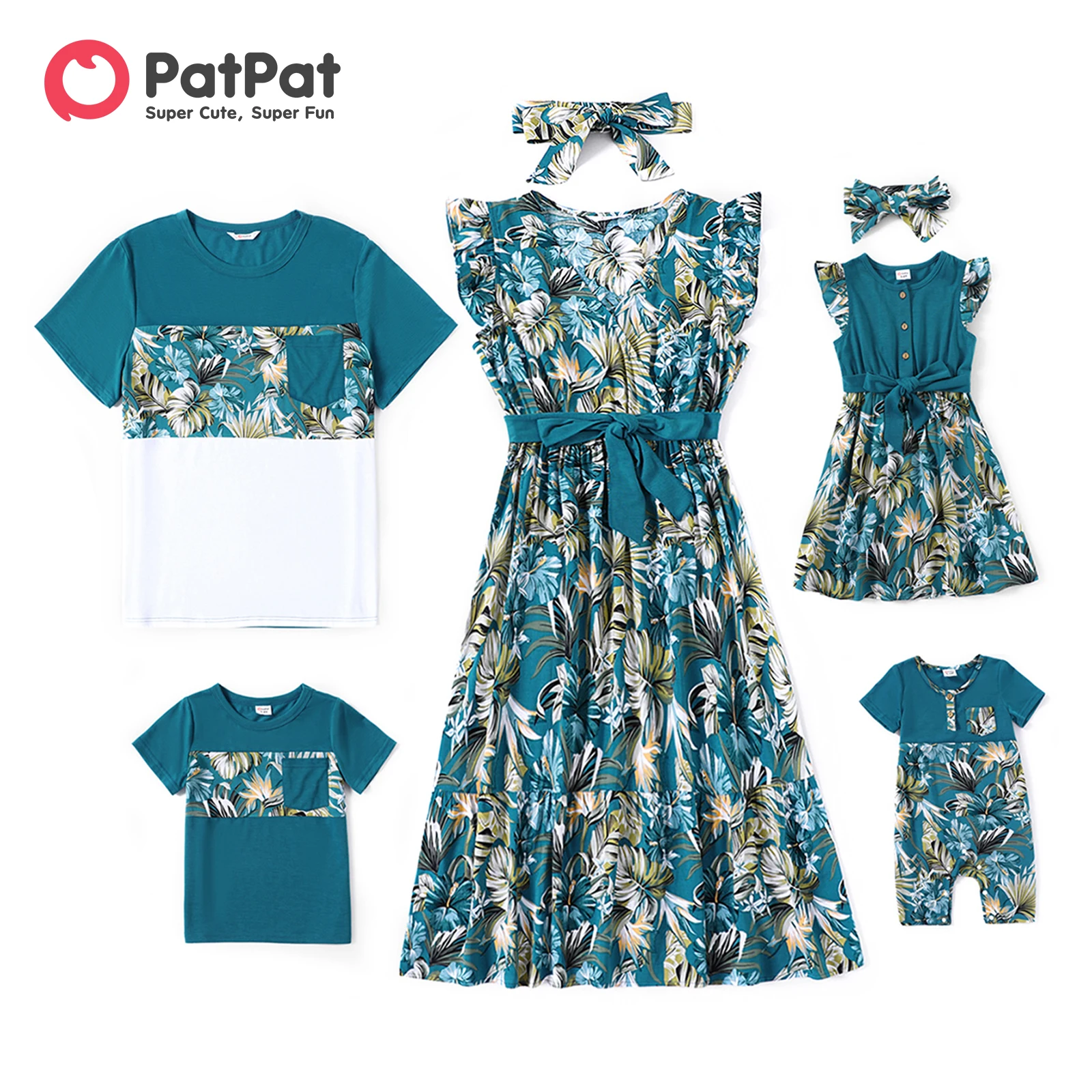 

PatPat Family Matching 95% Cotton Colorblock T-shirts and Allover Plant Print Flutter-sleeve Belted Dresses Sets