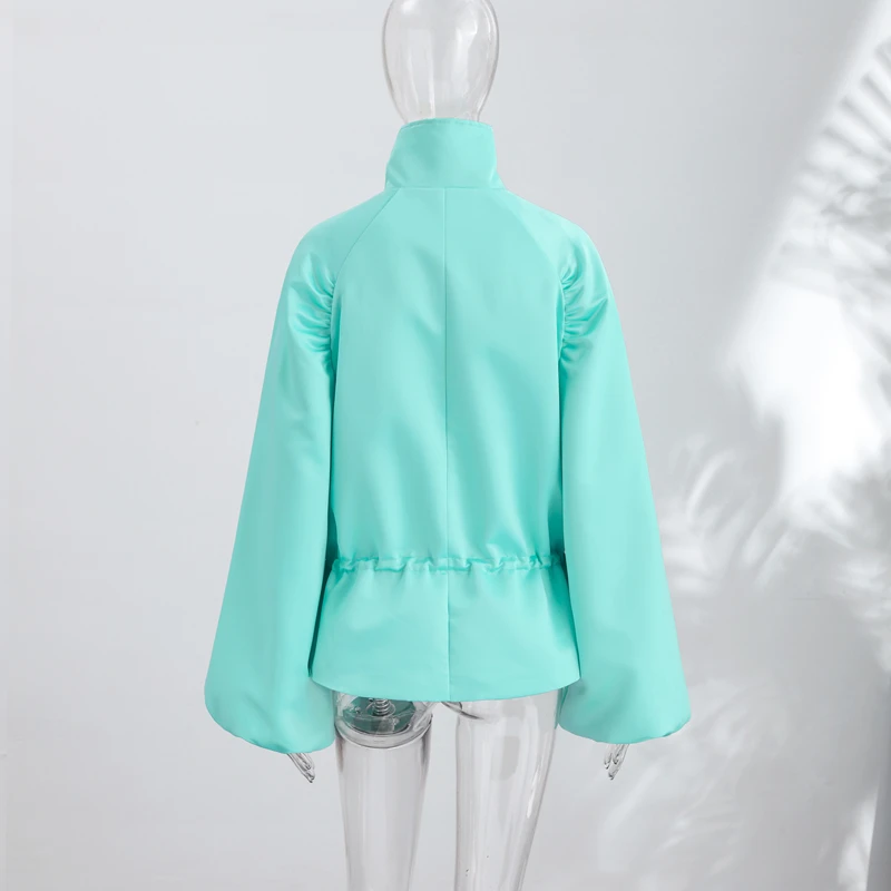 Übergroße, taillenbetonte, glänzende Oberflächenmäntel für Damen, Street-Style, Stehkragen, Laternenärmel, einfarbige, lockere Jacken, schicke Oberbekleidung – Detail 4