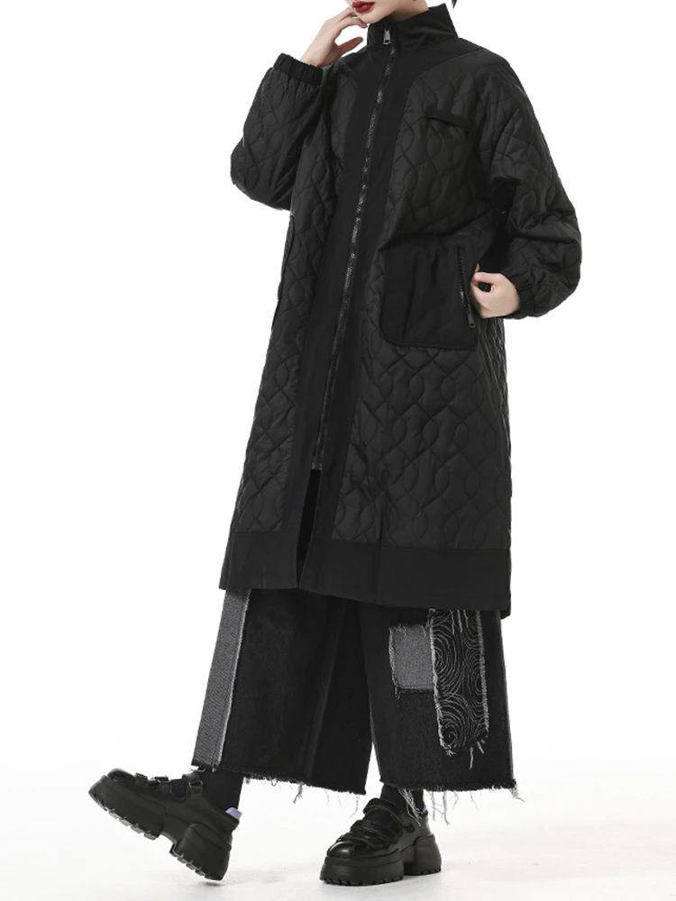 EAM-abrigo largo acolchado de algodón para mujer, Parkas cálidas de manga larga, color negro, talla grande, novedad de otoño e invierno, 1DH3215,