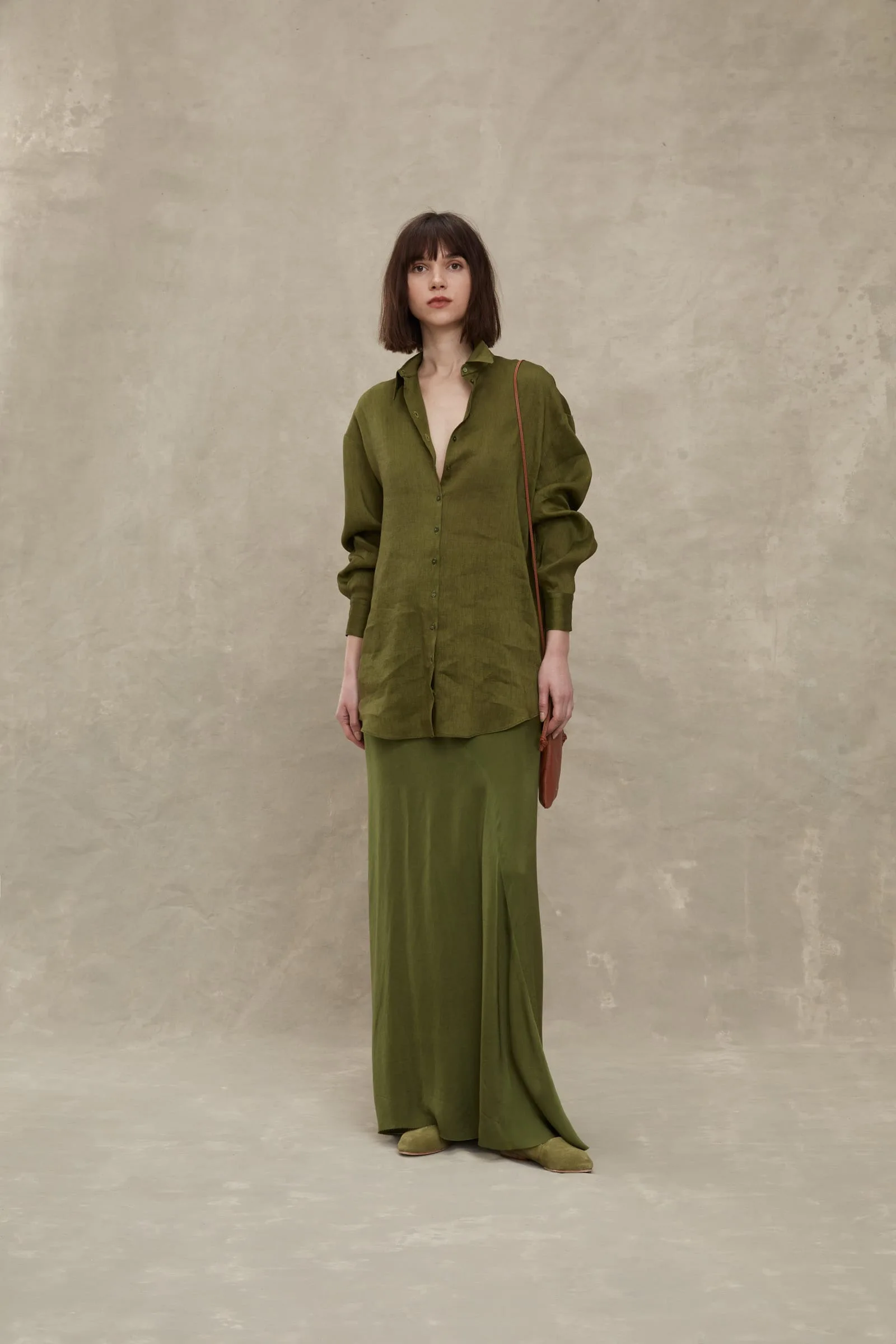 Cor* Spring/Summer Women Shirt Blouse Silk Line Full Sleeve Turndown Collar Long Length Casual Green Color Vintage Oversize