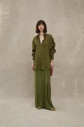 Cor* Spring/Summer Women Shirt Blouse Silk Line Full Sleeve Turndown Collar Long Length Casual Green Color Vintage Oversize